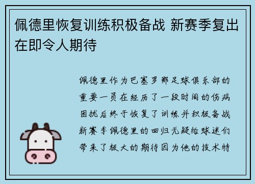 佩德里恢复训练积极备战 新赛季复出在即令人期待