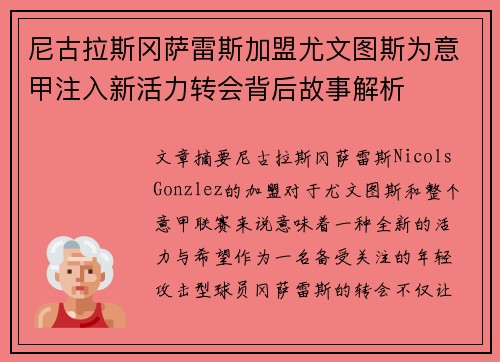 尼古拉斯冈萨雷斯加盟尤文图斯为意甲注入新活力转会背后故事解析 尼古拉斯冈萨雷斯加盟尤文图斯为意甲注入新活力转会背后故事解析